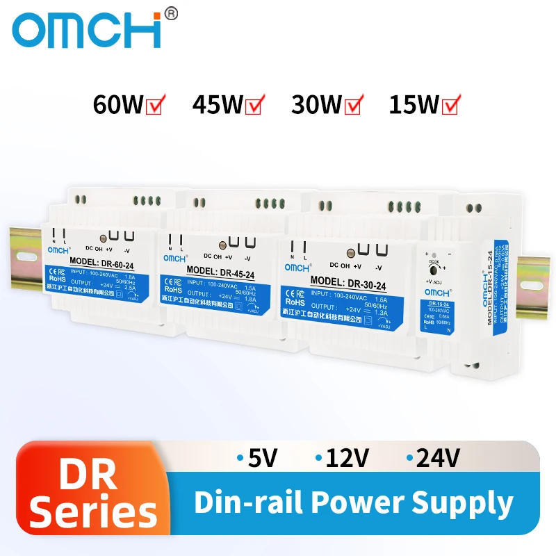 OMCH Din Rail DR-15 DR-30 DR-45 DR-60 Switching Power Supply 15W 30W 45W 60W AC 110V 220V To DC 5V 12V 24V 0.62A 1A 3A 6.5A SMPS
