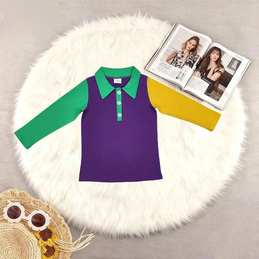 10.16 Baby Boys Long Sleeve Tops Baby Boys Mardi Gras Purple Buttons Tee Shirts Tops