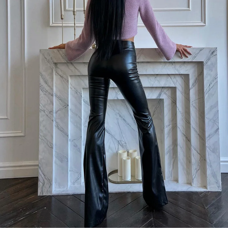 High Waist Women PU Leather Bell-bottoms Pants Autumn Winter Fashion Long Leather Pants Elegant Leather Trousers Streetwear 2025