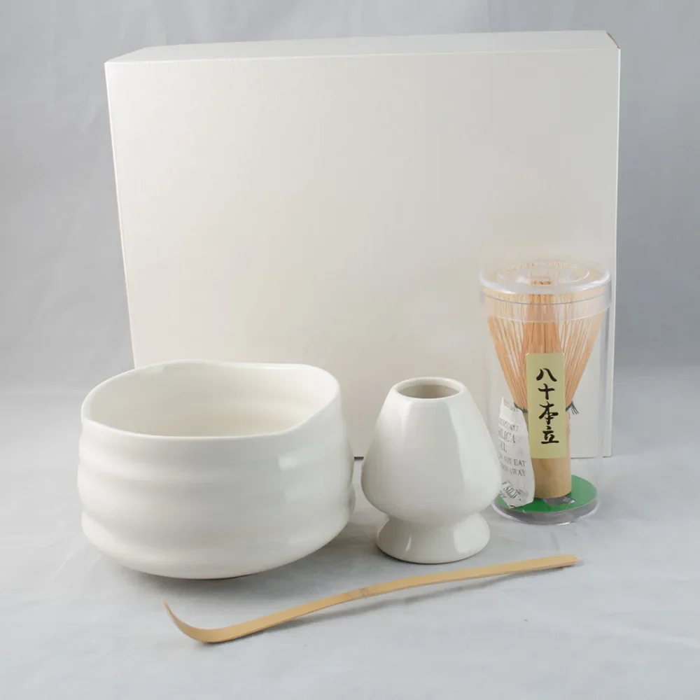 

Супер 4в1 Белый подарочный набор инструментов для зеленого чая Матча Фарфоровая чаша Матча ручной работы из японского бамбука Час Держатель и совок для венчика
