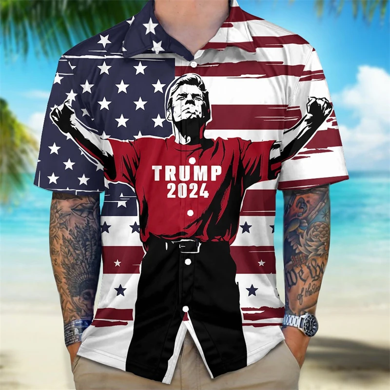 3d Print Donald Trump Shirt Men 2024 Presidential Election Support Graphic Short Sleeved Loose Shirt Street Casual Lapel Blouse