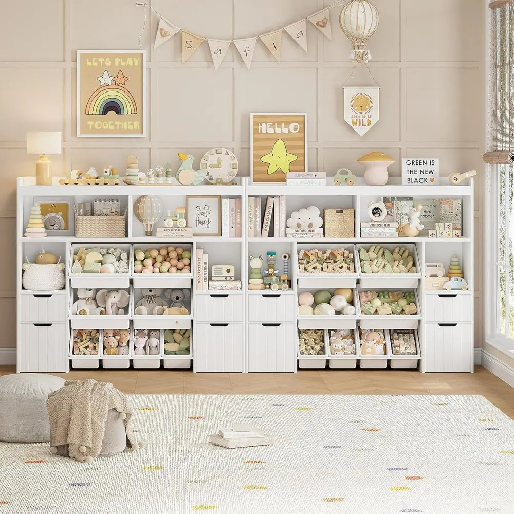 55 منظم تخزين ألعاب أبيض مع أدراج، صندوق ألعاب للأطفال مع صناديق قابلة للإزالة، رف كتب طويل للأولاد والبنات، غرفة لعب حديثة #4