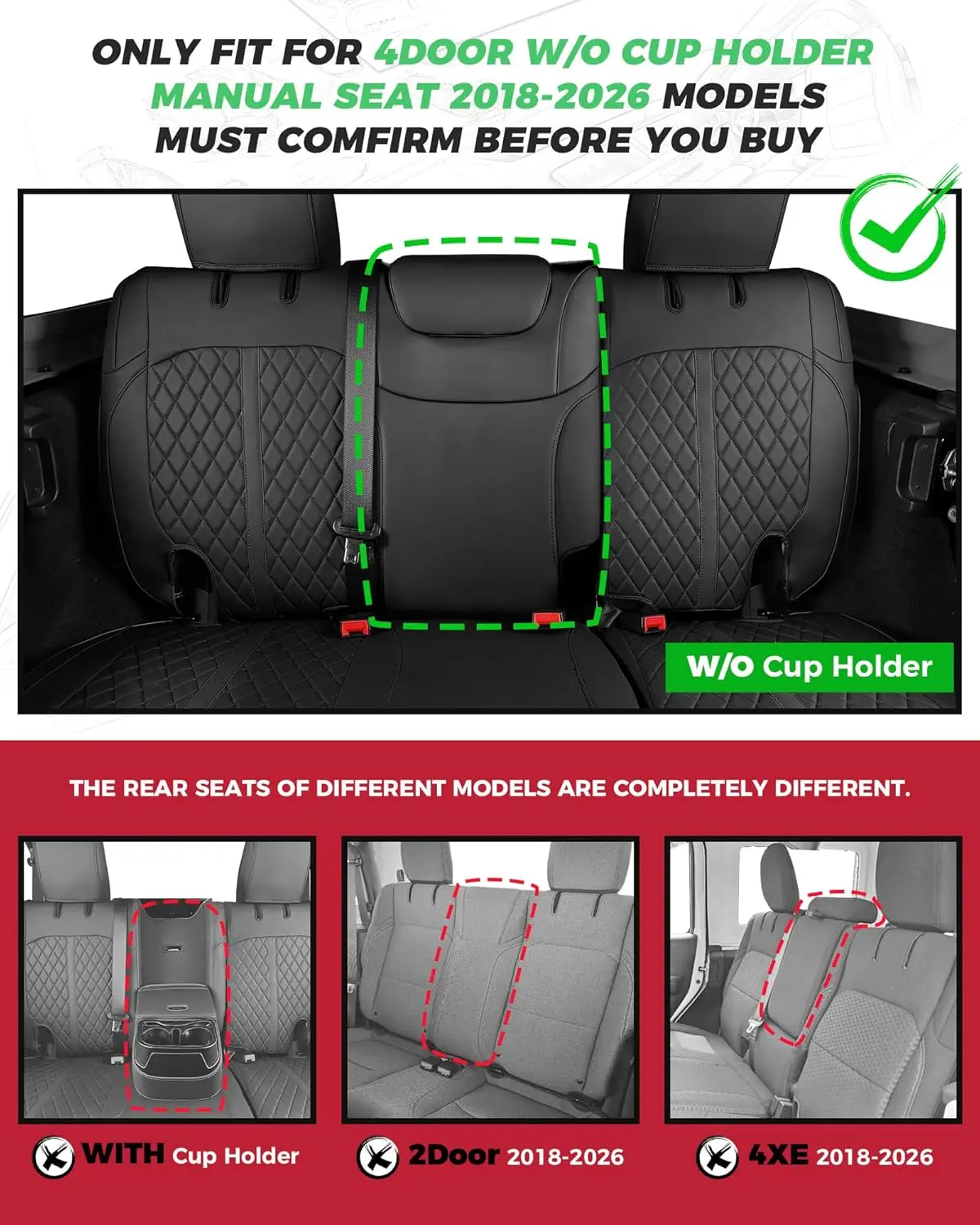 Jeep Wrangler 4-Door Seat Protection, Leather, Black, Custom Fit and Waterproof for 2018 - 2026 Models, Without Rear Cup Holder