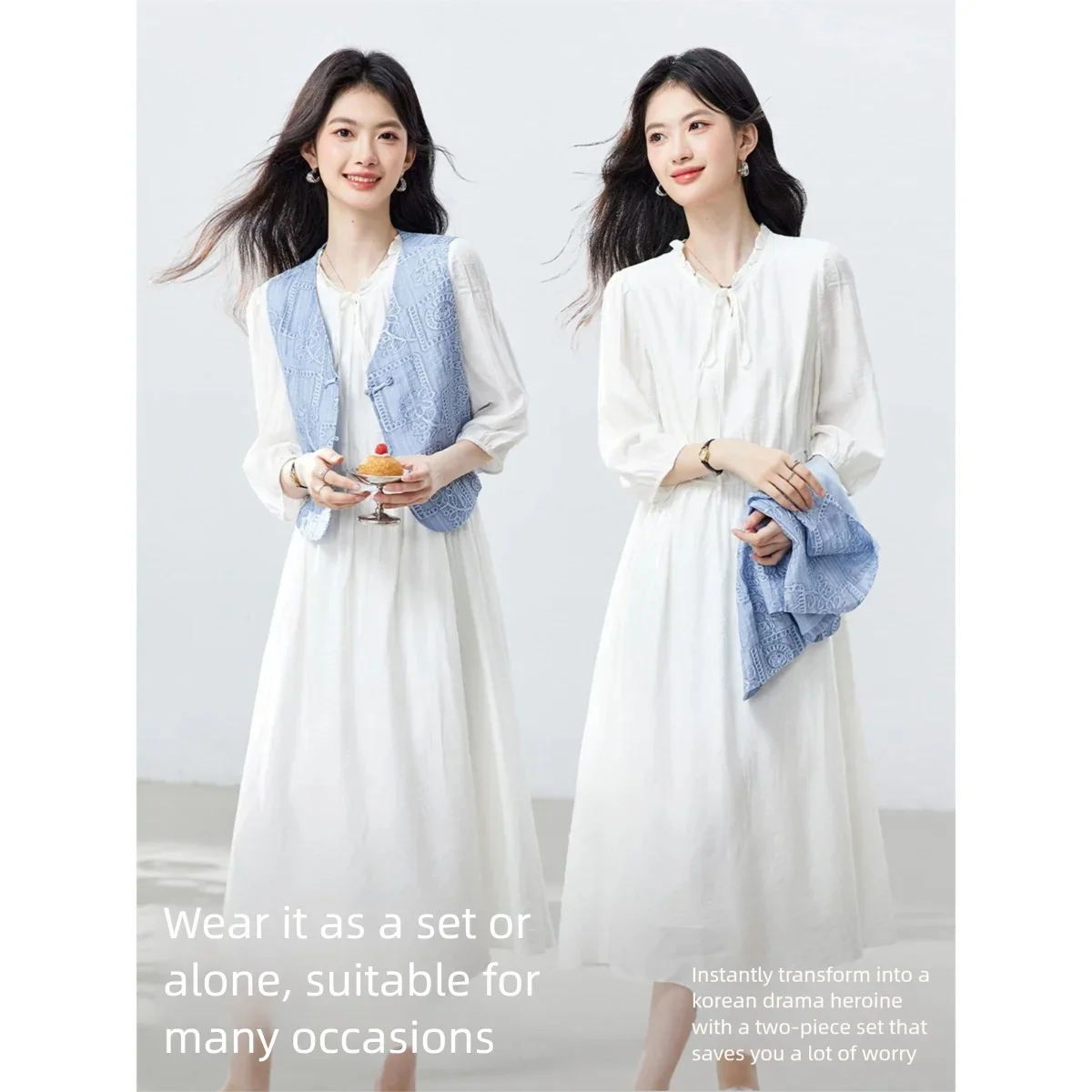 VIMLY Women's Two Piece Set Casual Elegant Embroidery Sleeveless Vest 3/4 Puff Sleeve Dress 2026 Fashion Matching Outfit A5365