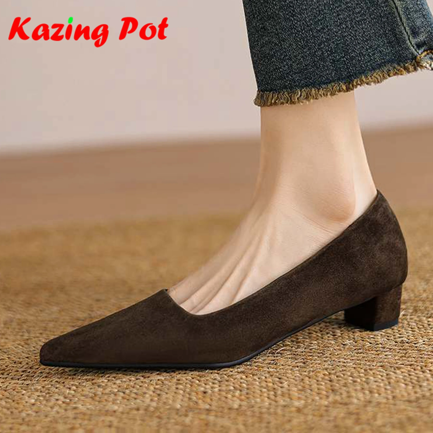 

Krazing Pot Sheep Suede Cow Skin Pointed Toe Summer Shoes Size 42 Basic Clothing Design Women Thick Med Heels Shallow Ins Pumps