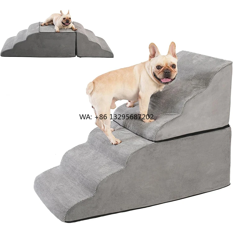 

Luxurious High Density Sponge Foldable Assembled Pet Dog Ramp Stairs for Bed Couch With Washable Cover and Handle