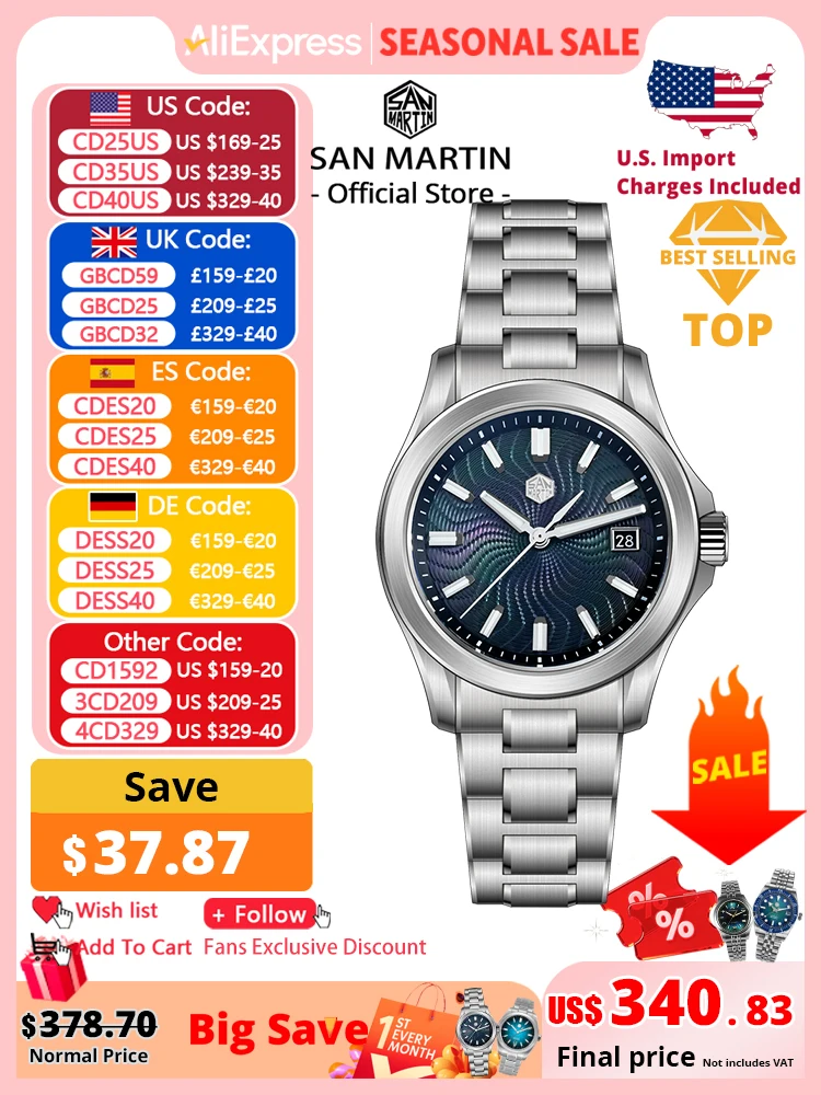 

San Martin Official 39mm Guilloche MOP Dial Gada Watch Miyota 9015 Luxury Men's Automatic Mechanical Watches 10 ATM reloj SN0150