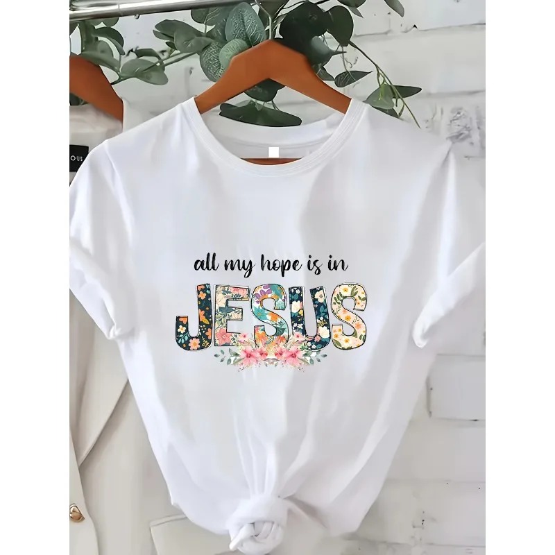 Casual Women Short Sleeve Clothes Tops Jesus Faith Hope Floral Arrow Printed Daily Wear Soft Stylish Basic Solid T-shirt