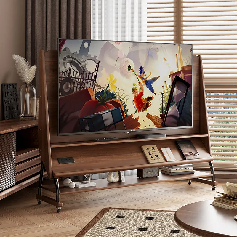 Solid wood removable TV cabinet living room household small apartment medium antique style with wheels storage TV bracket
