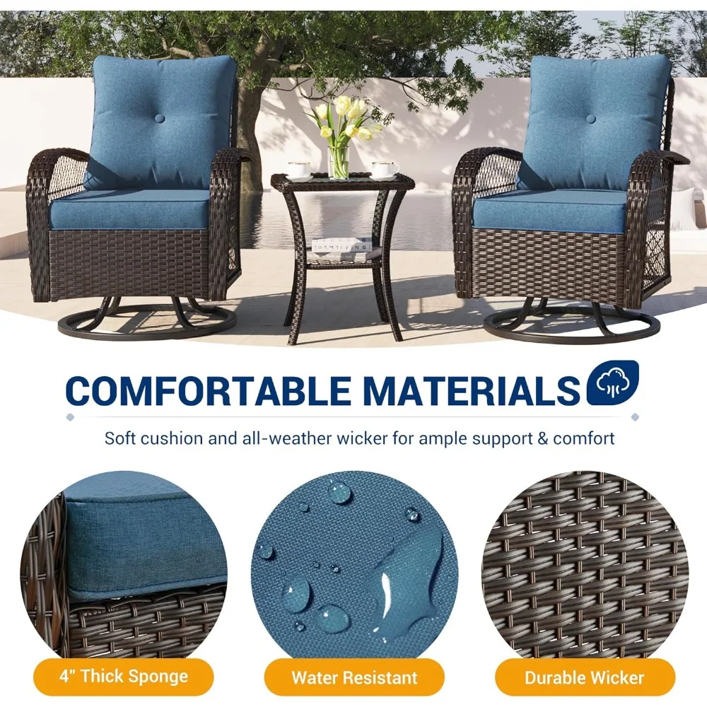 Pátio de vime Bistro Set com cadeira de balanço Rattan, Outdoor Swivel Glliders, Rocker Furniture Set, 3 pcs