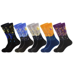 1 pair of European and American trendy socks with personalized starry sky oil painting couple mid-calf socks