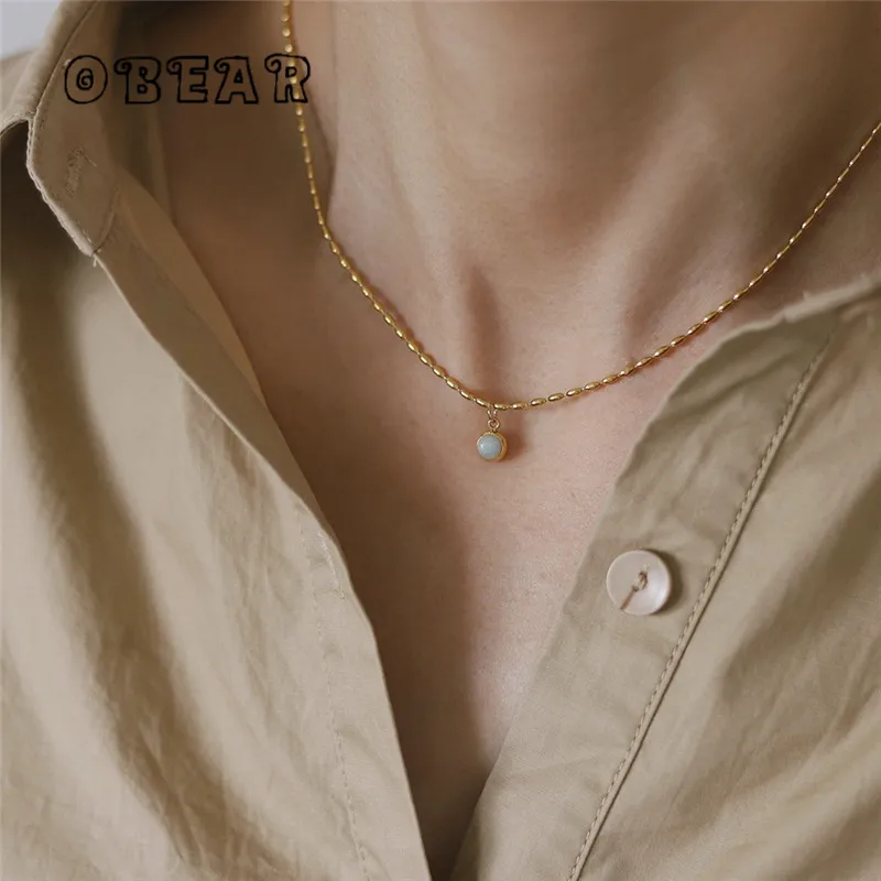 Korea Small Natural Aventurine Jade Round Pendant Necklace for Women Stainless Steel 18k Gold Plated Jewelry
