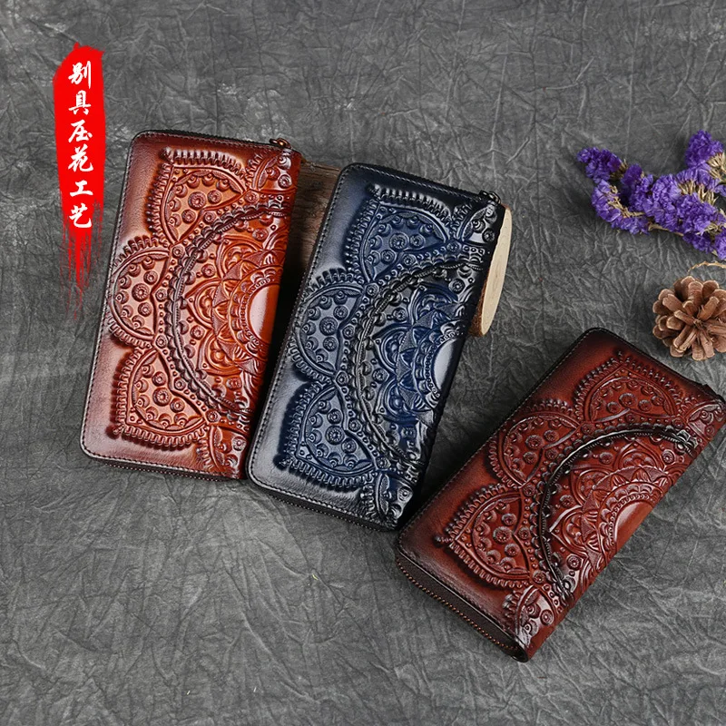 

Women's Authentic Wallet New Multi functional Embossed Zipper Handheld Headband Layer Cowhide Ethnic Style Leather Clip