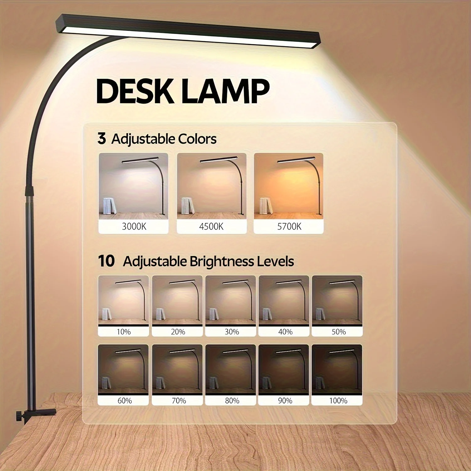 Gooseneck USB Clip On Night Reading Light with 3 Colors and 10 Levels Adjustable with 160 LED Beads USB Dimmable Light Lamp