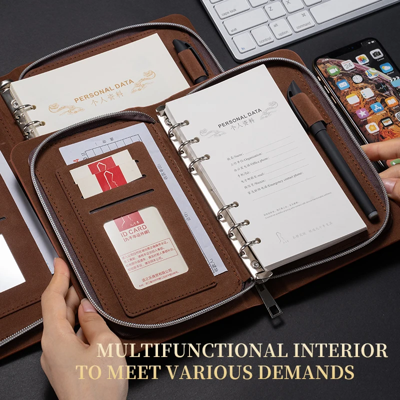 PU Leather Notebook Folder A5 Business Zipper Binder Journal Planner A6 Portfolio Notebook