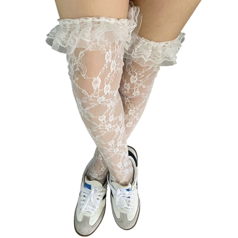 Womens Fishnet Thigh High Stockings Ruffle Frilly Flower Lace Over Knee Socks M6CD