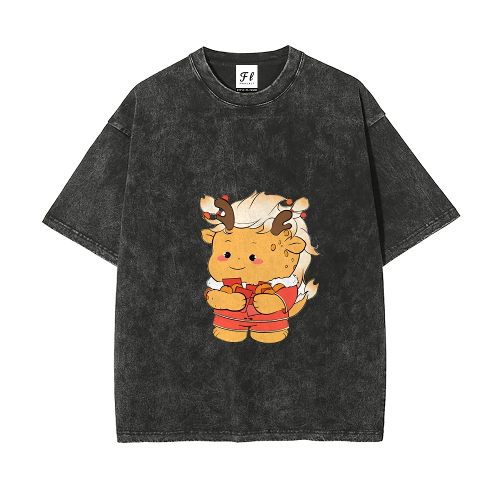 

Washed T - Shirt, Mythical Creature Graphic Print, Whimsical Chinese Zodiac Design, Casual Short - Sleeve, Trendy Streetwear Tee