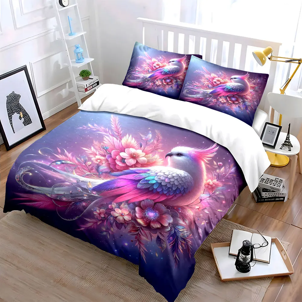 Dreamy Pink-Purple Bird and Flowers Bedding Set for Kids Luxury Gift 3pc Digital Print Comforter Set Soft Comfortable Breathable