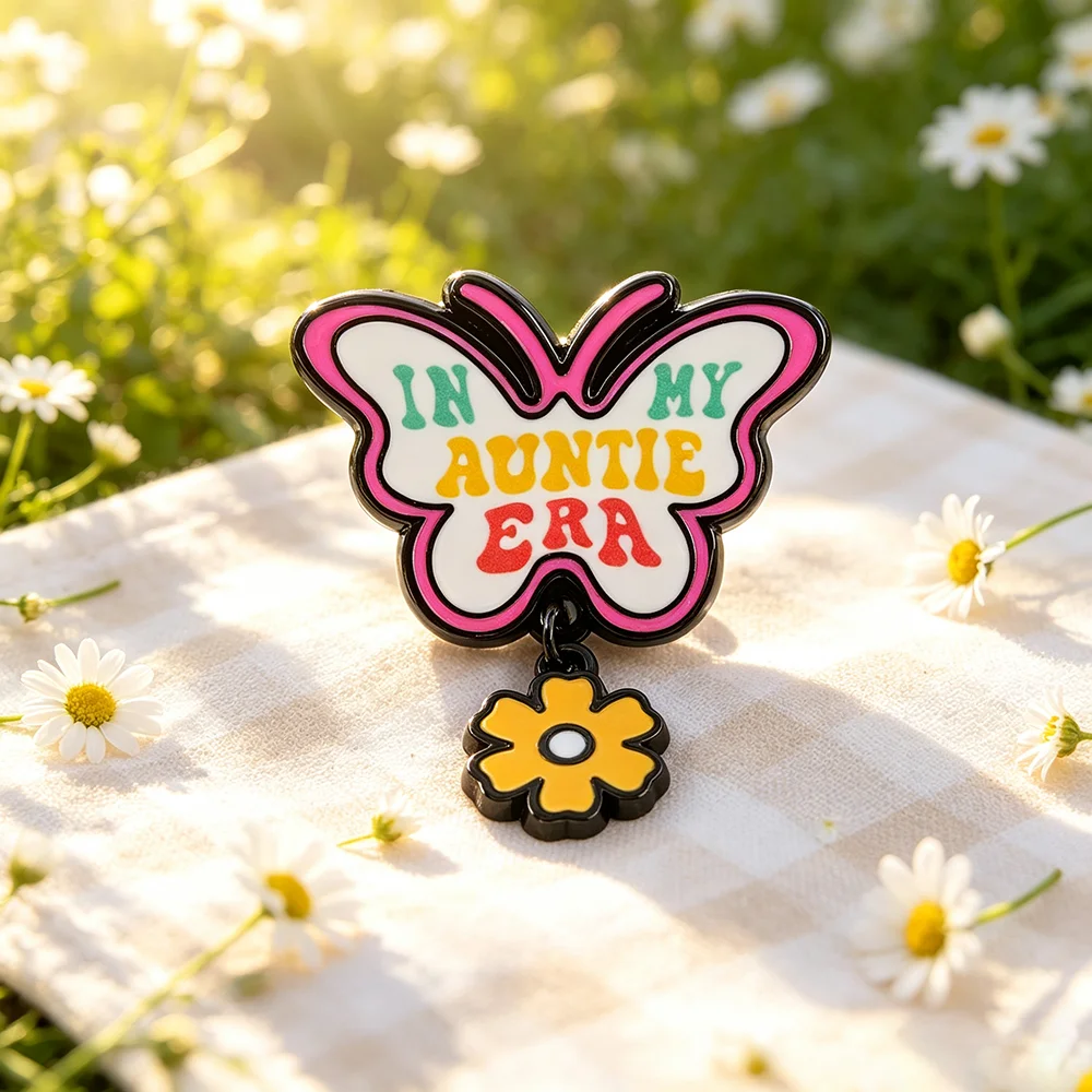 In My Auntie Era Butterfly Enamel Pin With Dangling Flower Charm Retro Text Brooch Backpack Clothing Badge Jewelry Gift for Wome