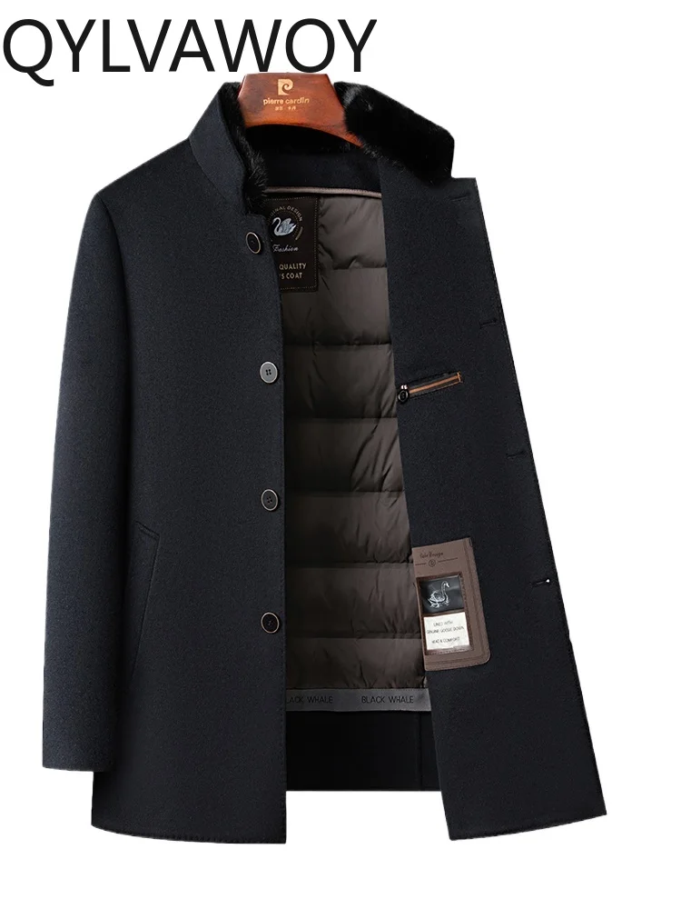

QYLVAWOY 70% Wool 25% Polyester Men's Double-Sided Mink Fur Collar Down Liner Dad's Winter Wear Mid-Long Wool Coat LJ2075