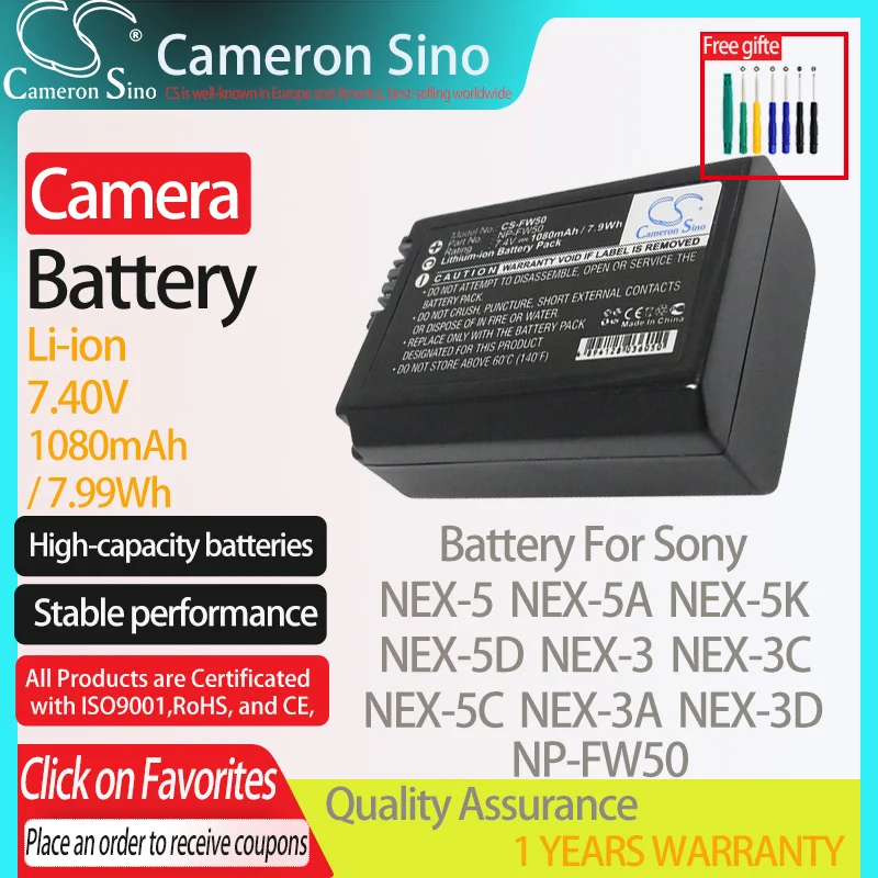 CameronSino Battery for Sony NEX-5 NEX-5A NEX-5K NEX-5D NEX-3 NEX-3C NEX-5C NEX-3A fits Sony NP-FW50 Digital camera Batteries