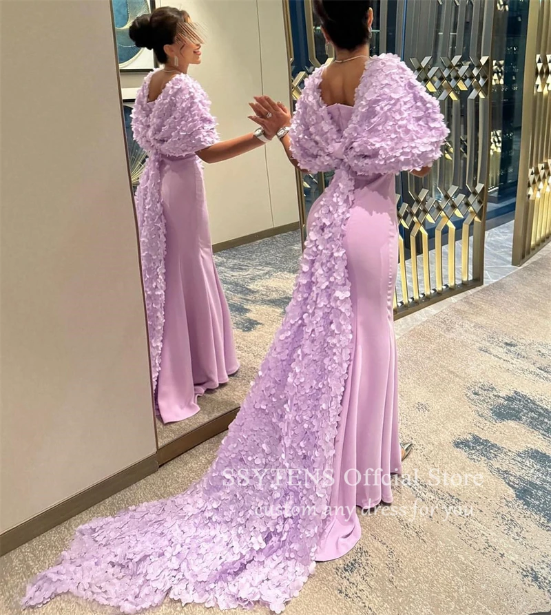 SSYTENS Arabic Women Lilac Long Evening Dresses Dubai Mermaid Party Prom Gowns Luxury Formal Occasion Dress 3D Flowers Jacket