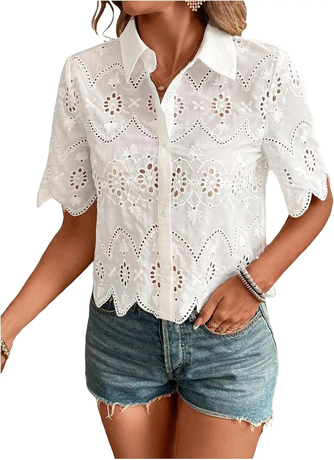 Women's Short Sleeve Button Down Collared Blouses Embroidery Eyelet Top