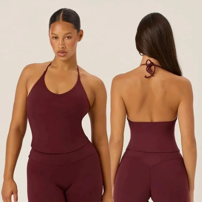 C-B Women's Halter Yoga Vest High-Waisted Nude-Feel Shorts Seamless Elastic Leggings Suitable for Gym Workouts and Fitness Sets
