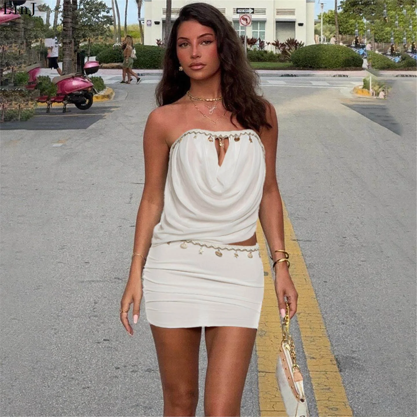 

Ele Pure Color Summer New Sle Hot Girl Y2K Svel Tube Top And Skirt Set Casual European Sle Tee Piece Set for ...