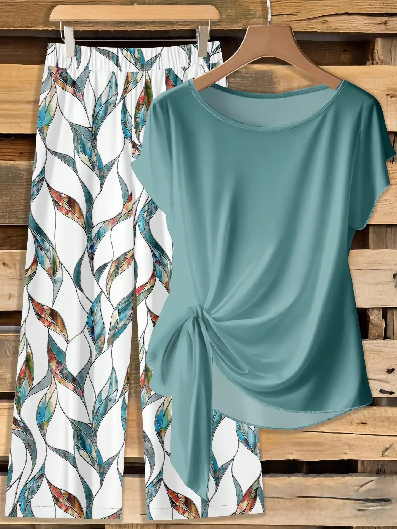 Window Geometric Print Pants Matched With Loose Tie Bow Blue Shirt, 2 Pieces Set Suitable For Spring/Summer Vacationfv