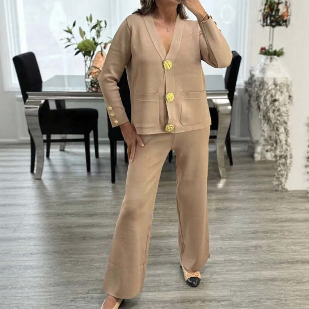 Conjunto de dos piezas de punto informal para mujer, cárdigan de punto con hebilla de Metal, suéter y pantalones de pierna ancha para primavera y otoño