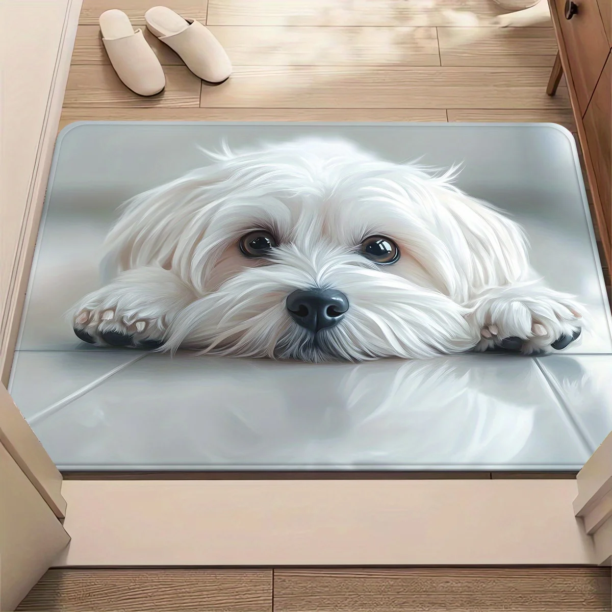 1pc 2D Fl White Puppy Lying Down Cute Flannel Door Mat Non Slip Pet Lover Rug For Entryway Bedroom Floor Decor
