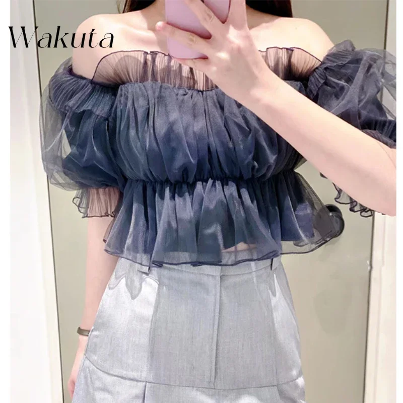 Wakuta Japanese Retro Spring One Collar Ruffle Edge Short Sleeve Kawaii Blouses Classic Chiffon Off Shoulder Y2k Crop Top Womens