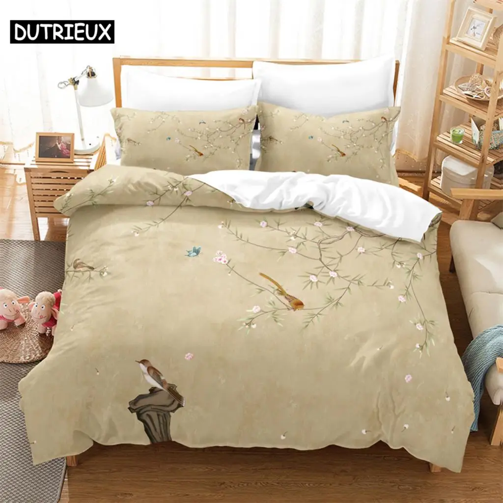 

3PCS Birds and Flowers Bedding Sets Home Bedclothes Super King Cover Pillowcase Comforter Textiles Bedding Set