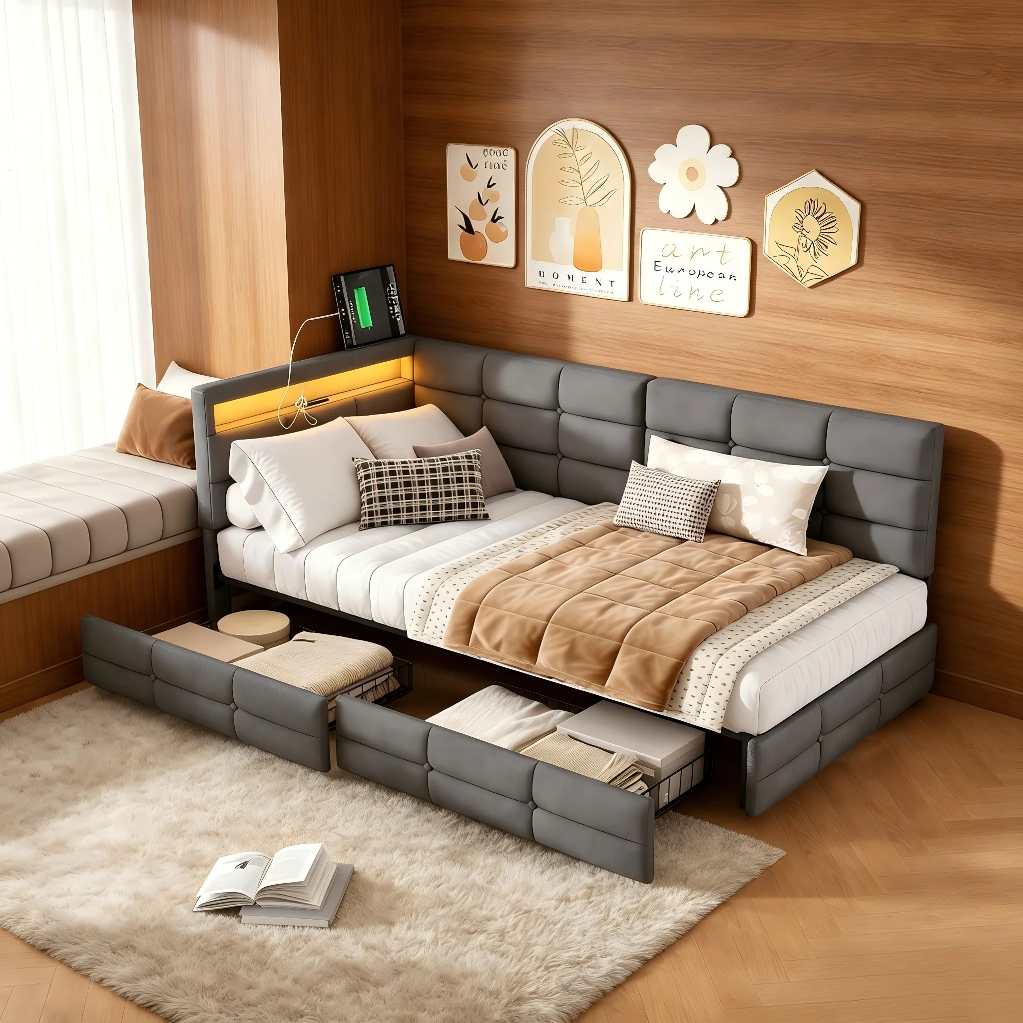 Lit simple en lin capitonné en forme de L FANGANGE 90x200cm, cadre de lit rembourré d'angle avec bande LED, tiroir de rangement sous le lit, disponible en beige et gris