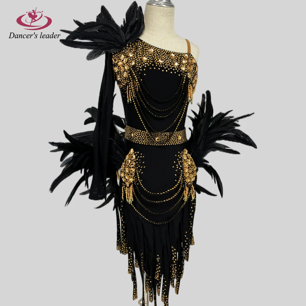 

Latin Dance Dress Fancy Dress With Gold Diamond Chain Feather Dance Dress Cha Cha Tango Female Adult Stage Professional Costume