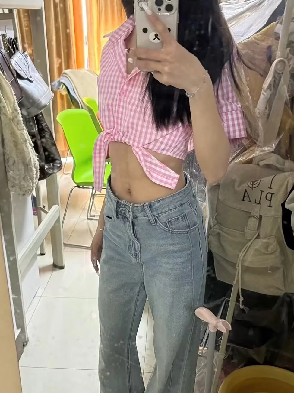 Tikng Roze Plaid irt Dames Pure Desire Slim Fit Sexy Super ort Belted Navel Baring Top Street Sle Summer Faion