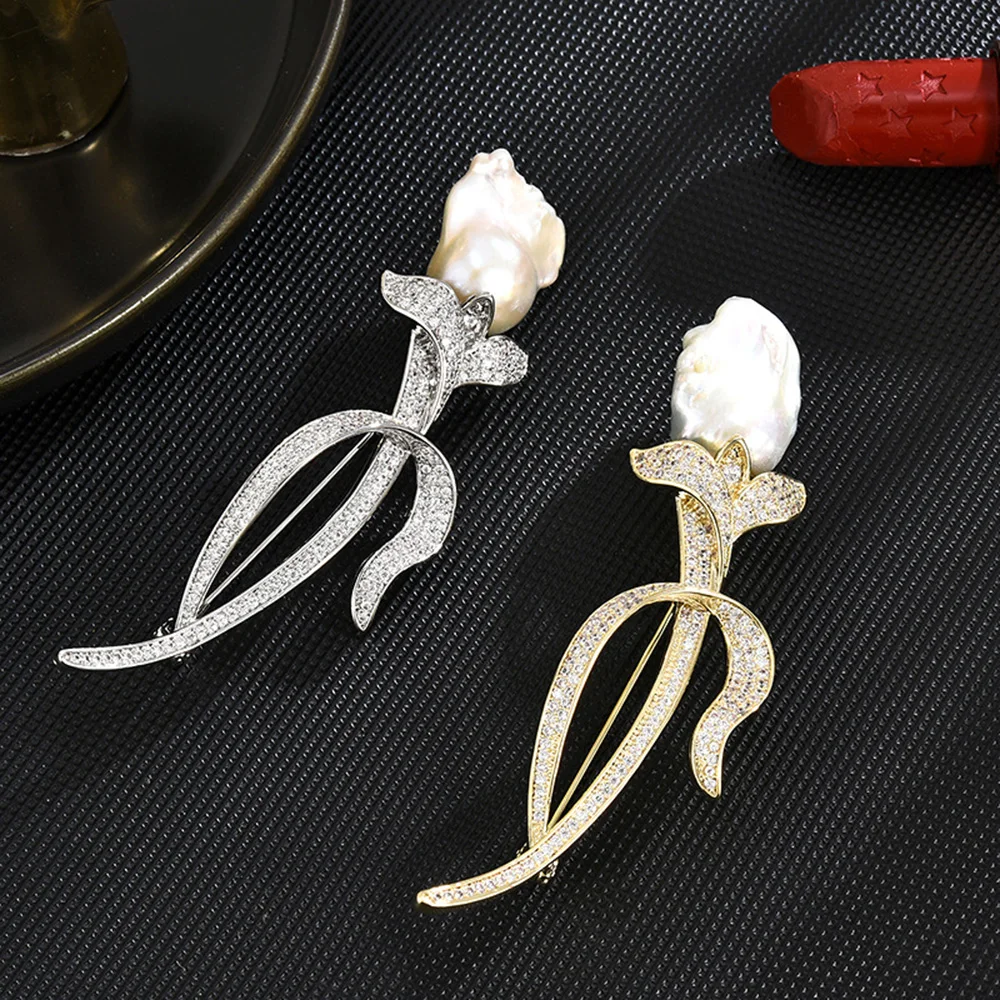 Luxury Brooch for Women Pearl Rose Flower Brooches Clothing Lapel Pins Copper Jewelry Accessories Corsage Women's Birthday Gifts