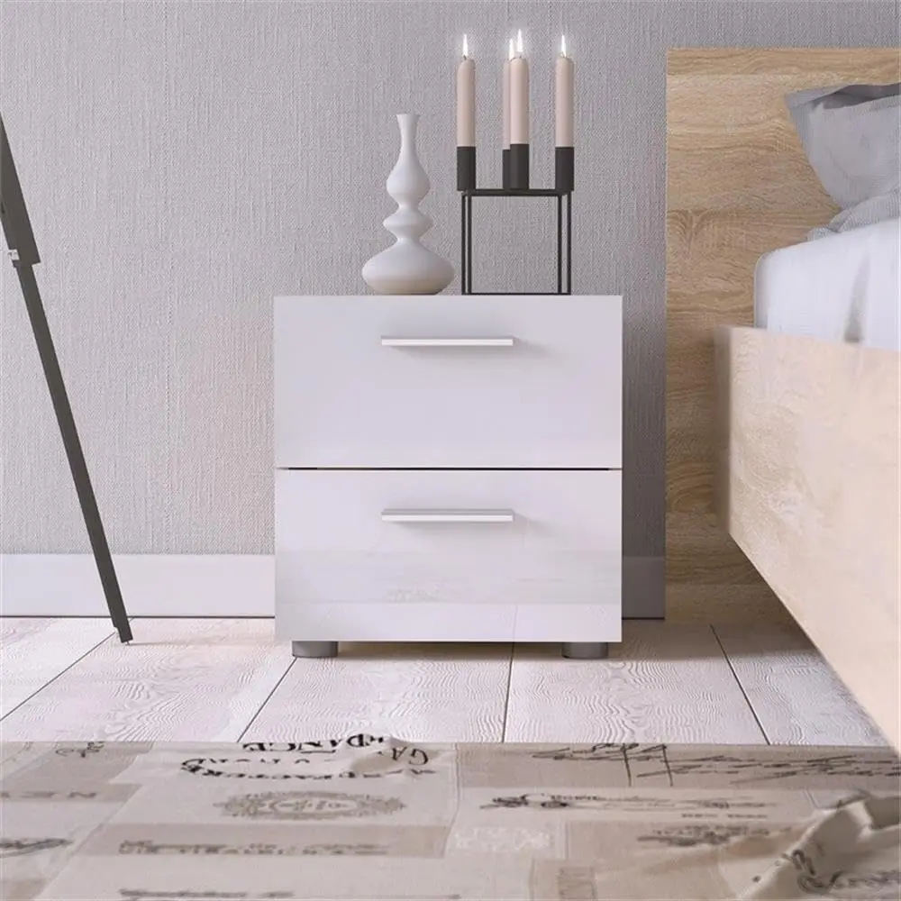 Contemporary 3 Piece Bedroom Set with Two Nightstands and 8 Drawer Double Dresser in Oak and White Gloss