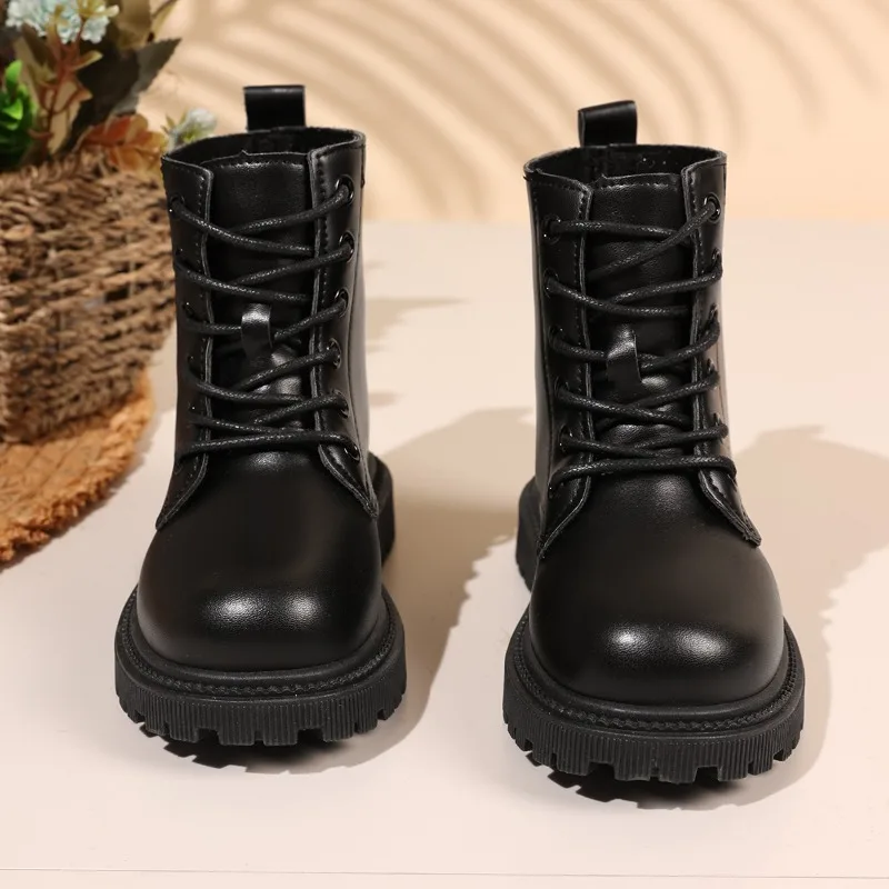 Kids Short Boots Soild Color Versatile Girls Leather Boots Round Toes Soft Bottom 2025 Autumn Winter New Children Chelsea Boots
