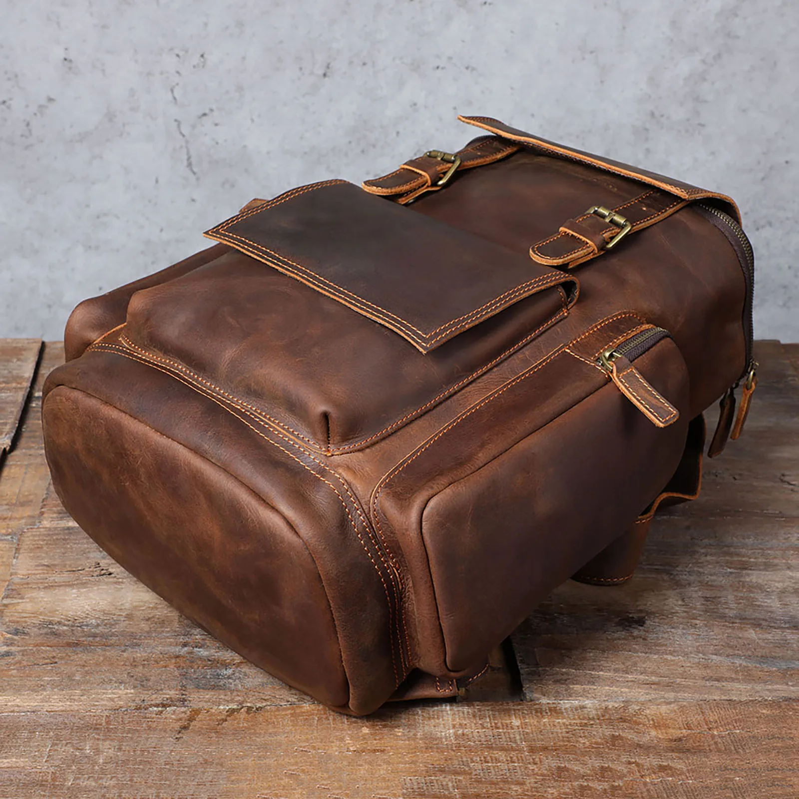 S.WORKER Vintage Echtleder-Rucksack Laptop-Tasche Casual Crazy-Horse-Leder Schultasche Outdoor-Reise-Weekender-Tasche – Detail 10