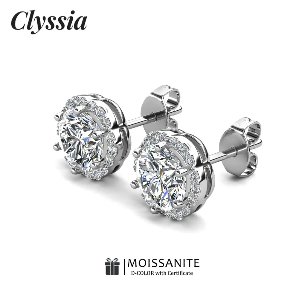 

CLYSSIA D Цвет VVS1 Муассанит 6 когтей Дизайн Halo Серьги-гвоздики для женщин Натуральное серебро 925 пробы Минималистичные ювелирные изделия