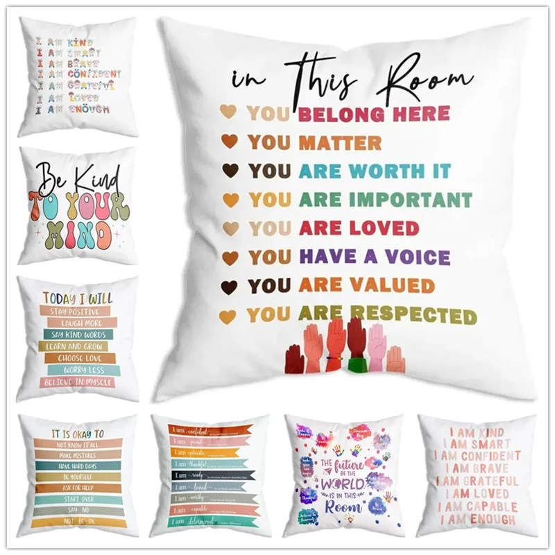 Cartoon Letter Print Cushion Cover Inspirational Quotes Throw Pillows Home Office Decoration Living Room Bedroom Sofa Pillowcase