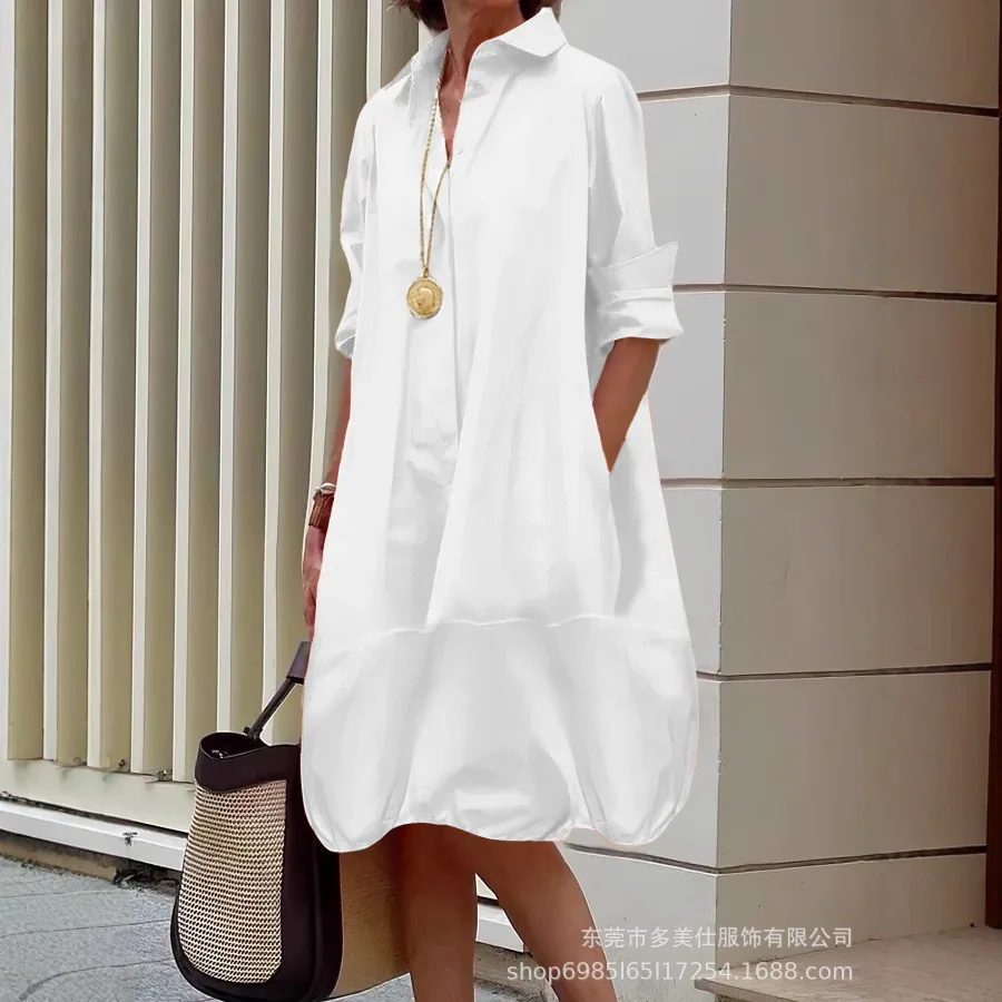

【New style】 autumn and winter new women's clothes pure color buttons all-match casual temperament cardigan dress