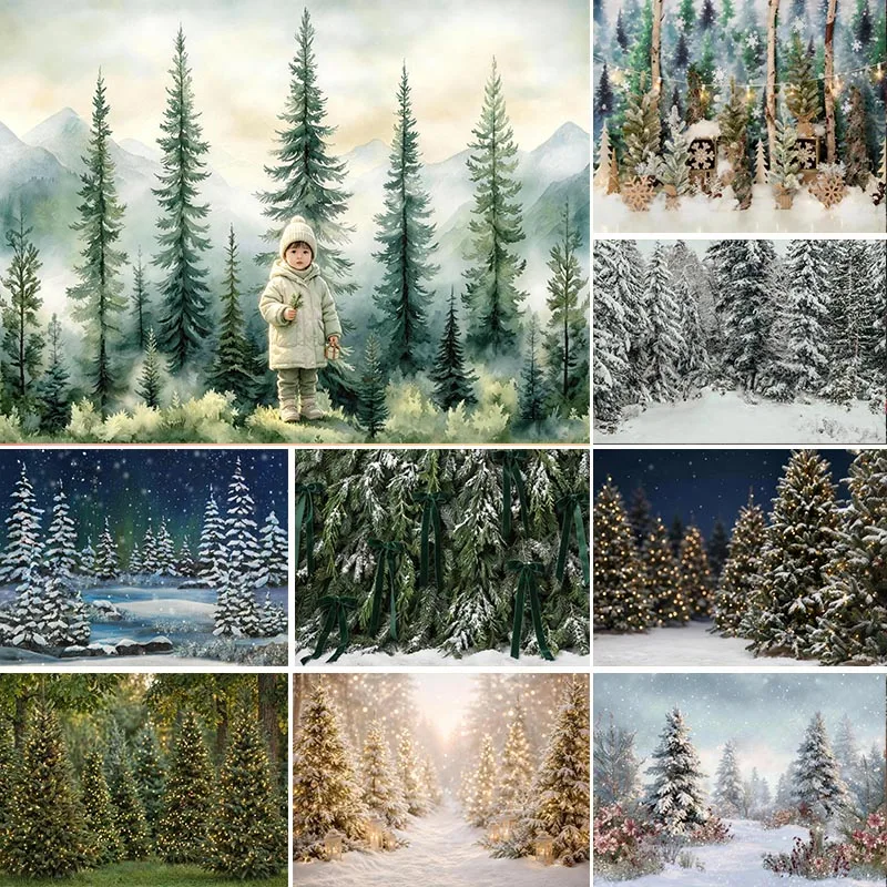 LS Christmas Snowy Forest Backdrop Photography Deer Lantern Fence Xmas Tree Background Winter Newborn Family Holiday Photo