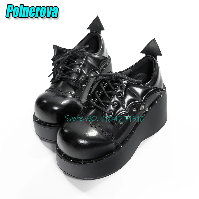 

Black Genuine Leather Thick Soled Shoes for Women Gothic Rivet Devil Wings Cross Strap High Heels Summer New Y2K Girl Shoes