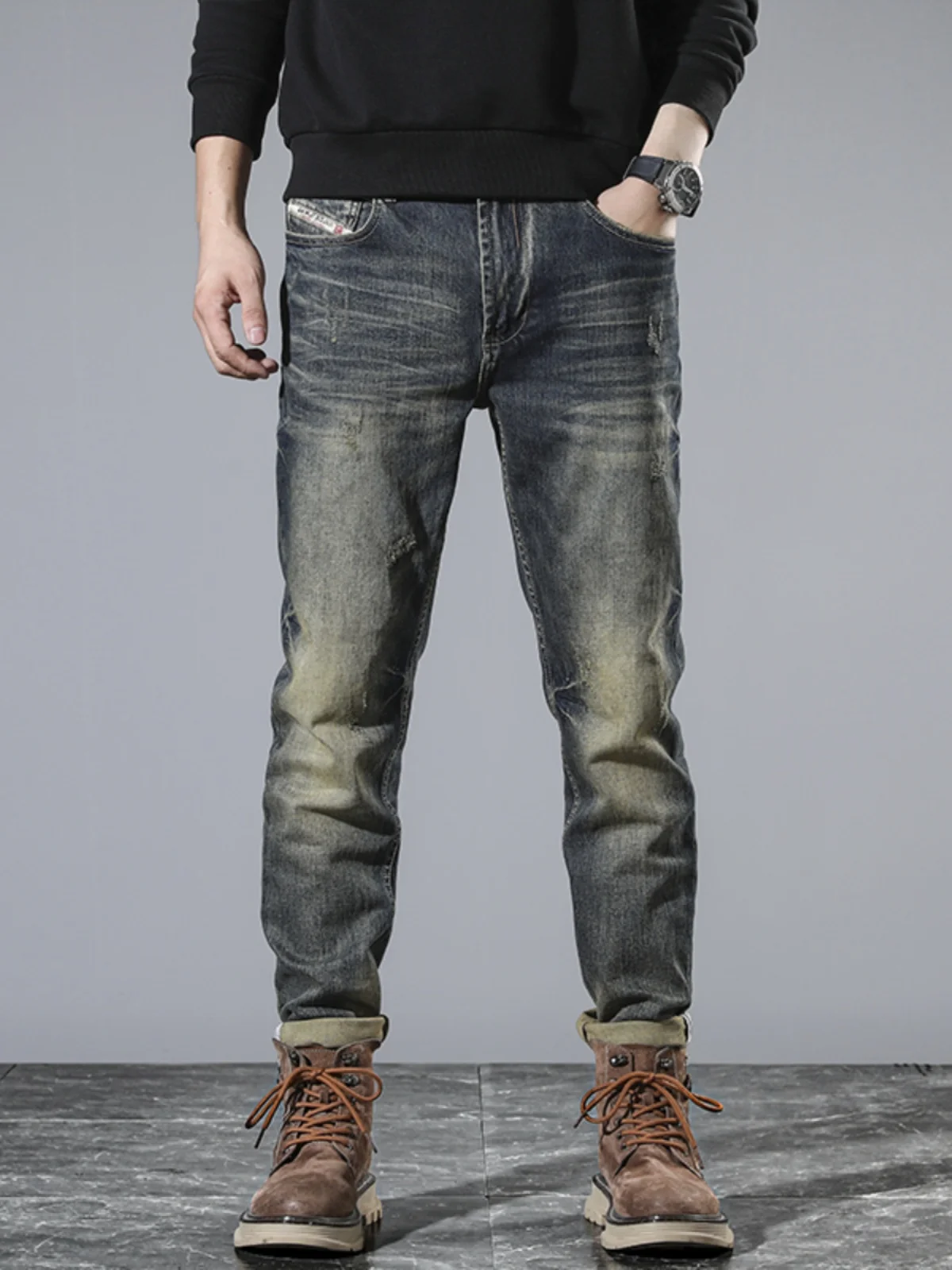 

Retro Faded Denim Jeans Men's Slim Fit Elastic Casual Korean Sle Straight Leg Long Trousers Trendy Cotton Stretch Denim