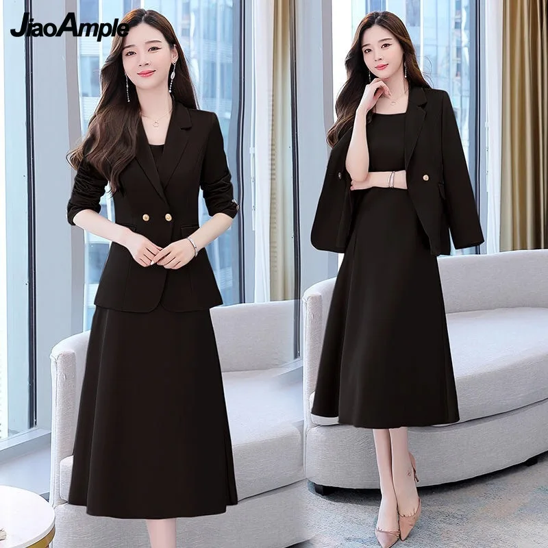 Women\'s Autumn Winter Suit Jacket Dress Set 2022 New Fashion Korean Elegant Temperament Blazers Suspender Midi Skirt Two-piece