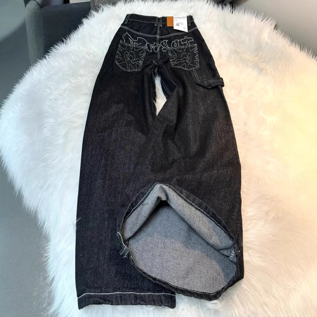 Large size American retro high street jeans new straight-line printing embroidery design loose and versatile wide-leg trousers