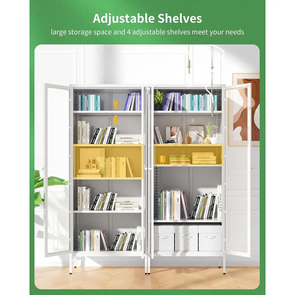 خزانة تحف زجاجية حديثة طويلة مع بابين و4 أرفف، وخزانة كتب للتخزين للمكتب المنزلي وغرفة المعيشة والمدخل